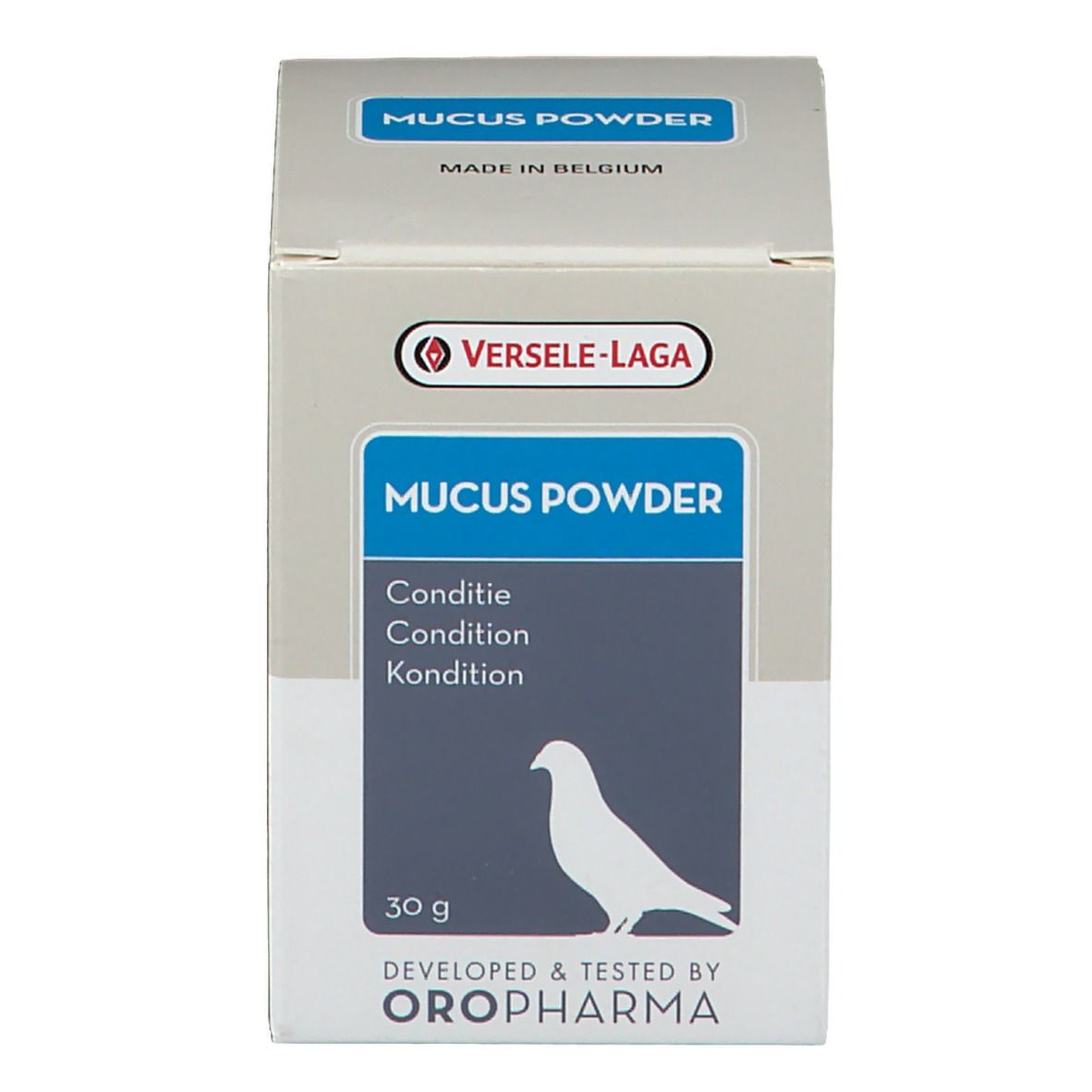Emballage du produit. Inscription: MUCUS POWDER, 30 g. Logo: pigeon. Fabricant: VERSELE-LAGA. Texte multilingue.