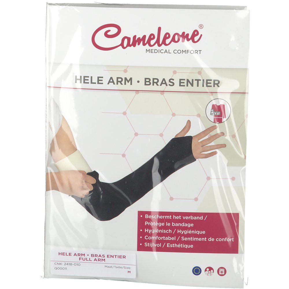 Cameleone® Bras entier. Bandage de bras noir dans un emballage. Inscription: Hele Arm, Bras entier. Logo et nom du produit.