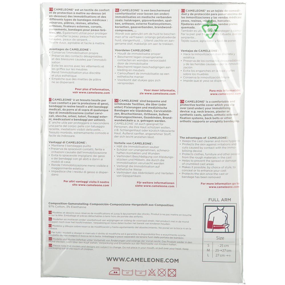Dos de l'emballage Cameleone® Bras entier. Texte multilingue. Illustration d'un bras. Indications de taille: S, M, L.