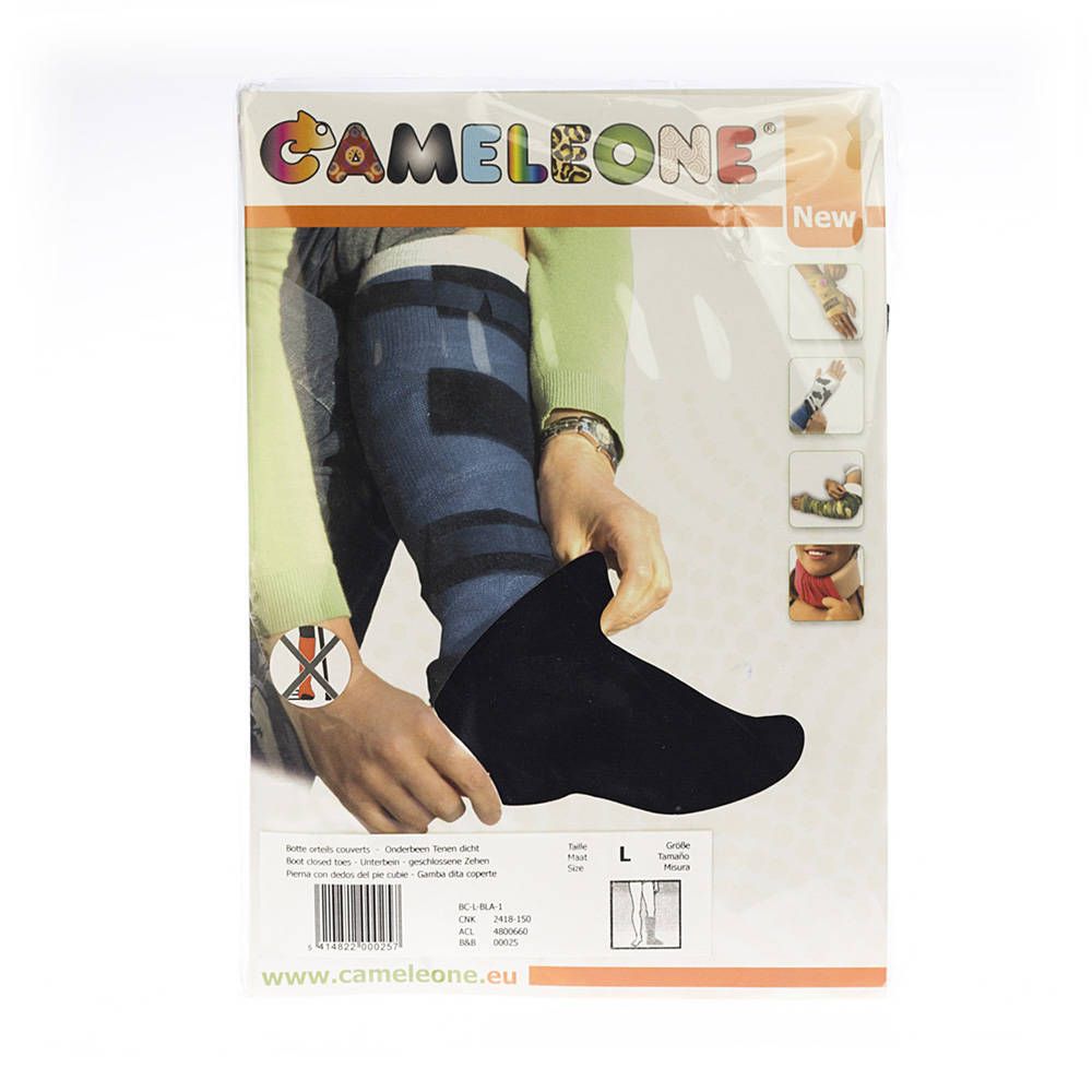 Emballage Cameleone Lower Leg Closed Toe Black L. Illustration d'une jambe avec chaussette noire. Taille L.