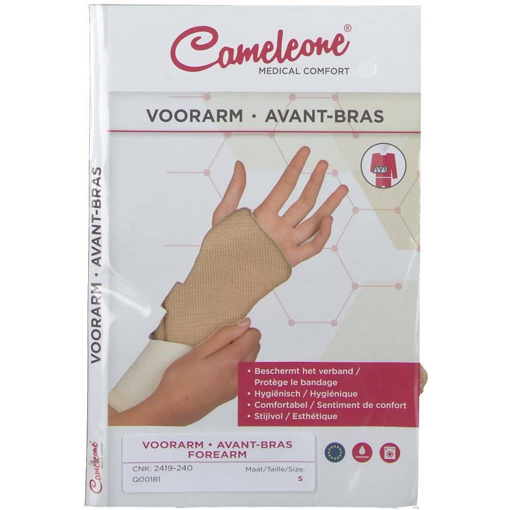 Bandage Cameleone beige pour avant-bras avec pouce ouvert, en emballage. Texte: VOORARM AVANT-BRAS, FOREARM.