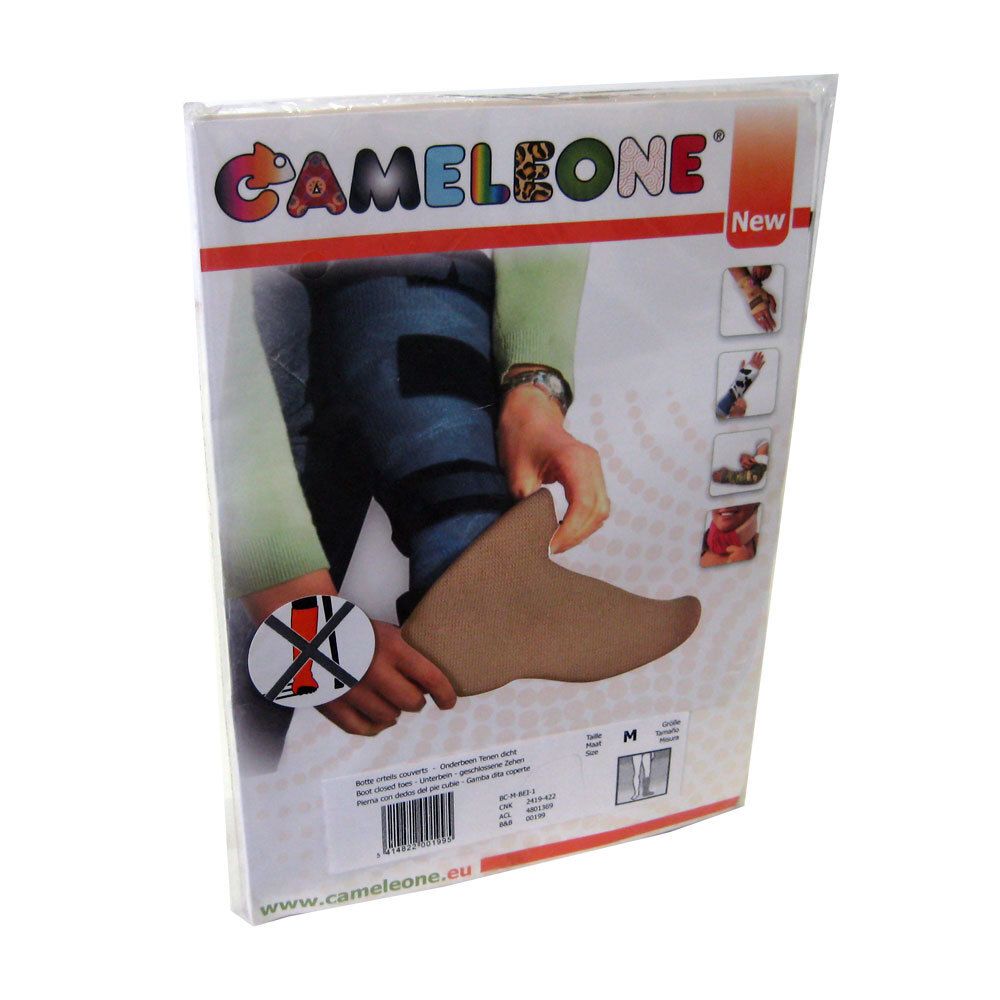 Attelle de jambe Cameleone beige à bout fermé, en emballage. Taille M. Inscription : Cameleone, New.