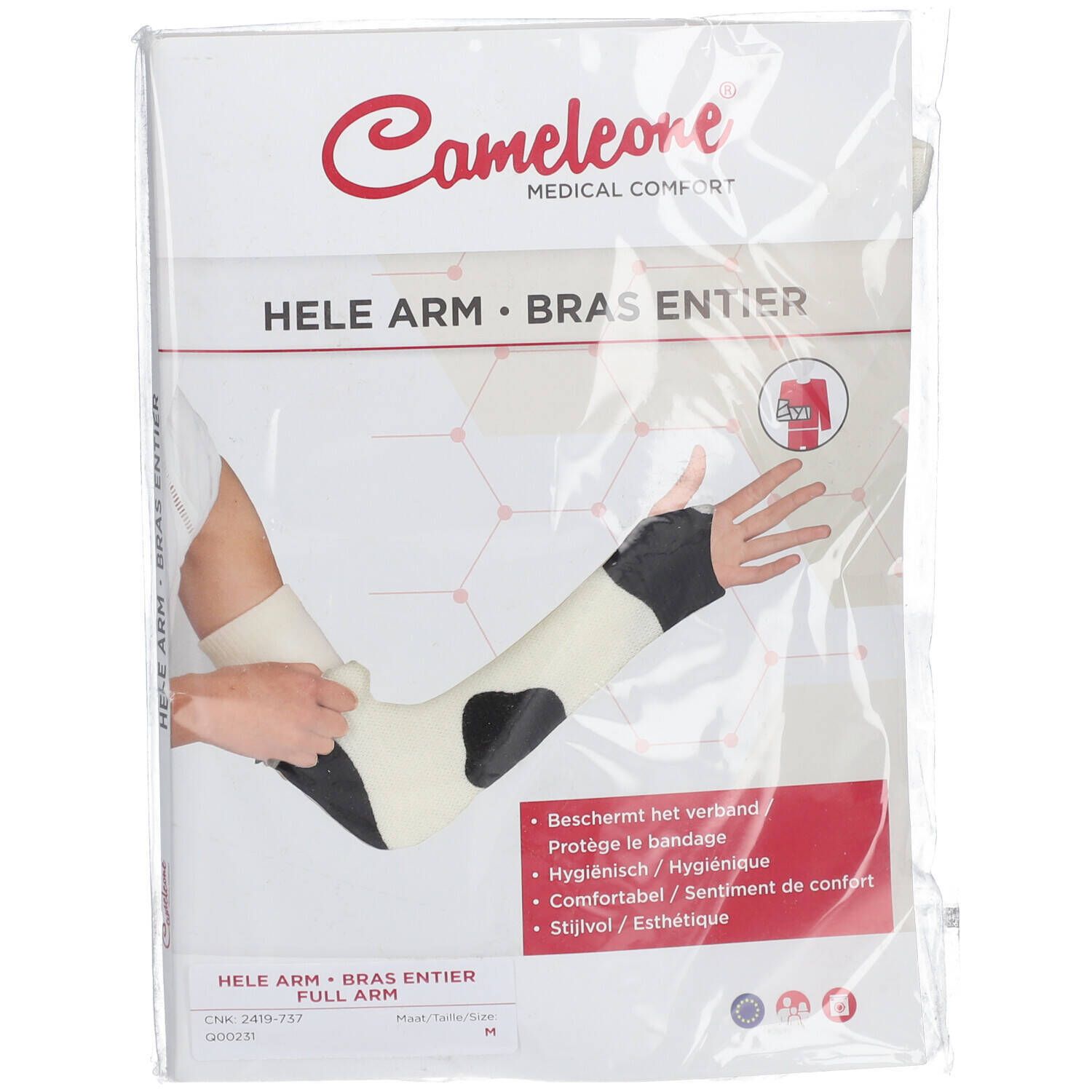 Emballage Camelone pour protection bras entier. Texte: Hele Arm, Bras Entier. Illustration d'un bras avec orthèse.