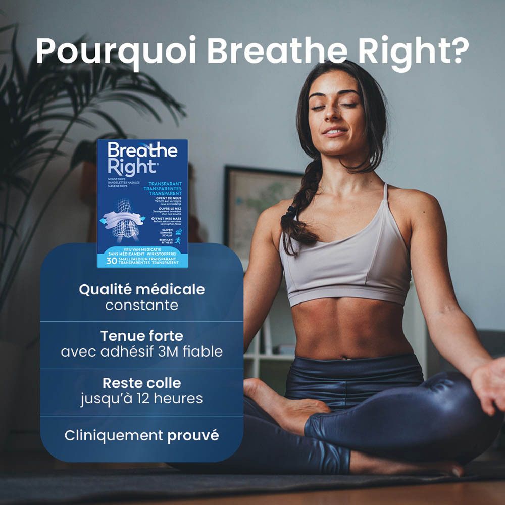 Femme assise en tailleur. Inscription Breathe Right. Emballage du produit dans l'image. Texte en français.