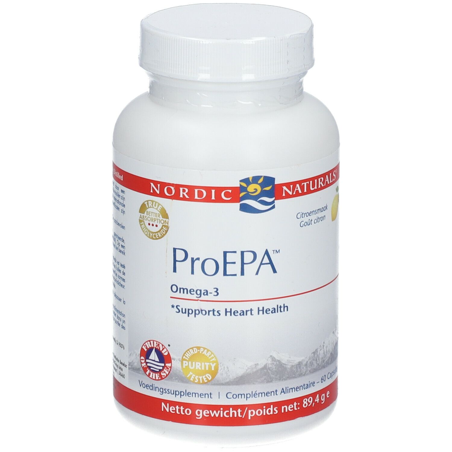Flacon blanc de ProEPA Omega-3. Inscription: Nordic Naturals. Soutient la santé cardiaque. Sceau de qualité.