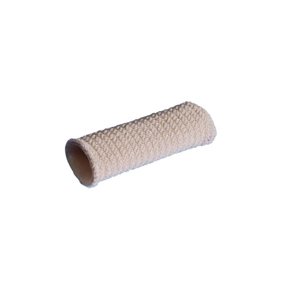 Doigtier cylindrique beige, texture tissée. Extrémités ouvertes.