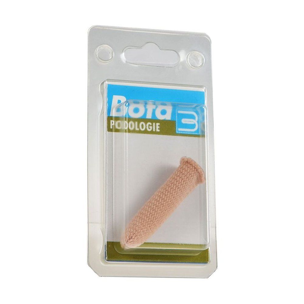 Doigtier dans emballage blister. Nom du produit : Bota Podo 3. Beige, texture tissée.
