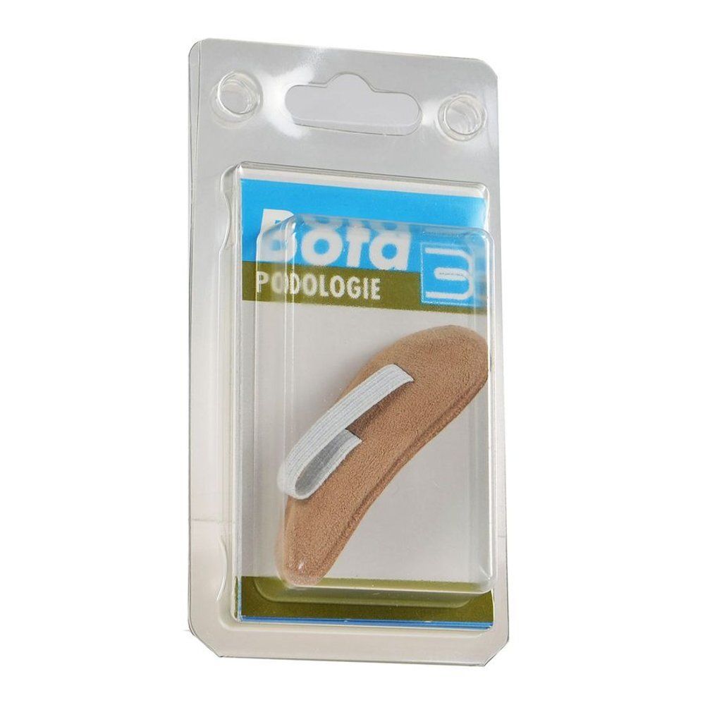 Produit en emballage blister. Coussinet de pied avec bande blanche. Logo Bota et inscription podologie. Nom du produit non visible.