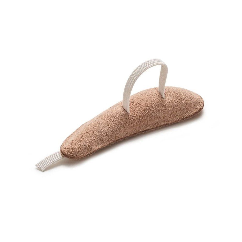 Coussinet beige pour orteils en marteau avec sangle blanche. Forme anatomique. Pour pied droit.