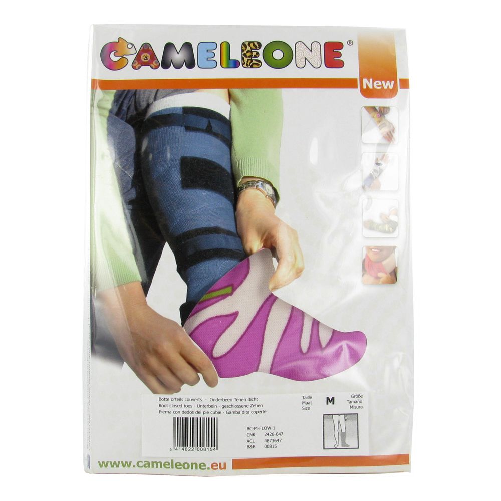 Emballage Cameleone. Attelle de jambe inférieure, motif floral rose et blanc, bout fermé. Taille M. Application visible.
