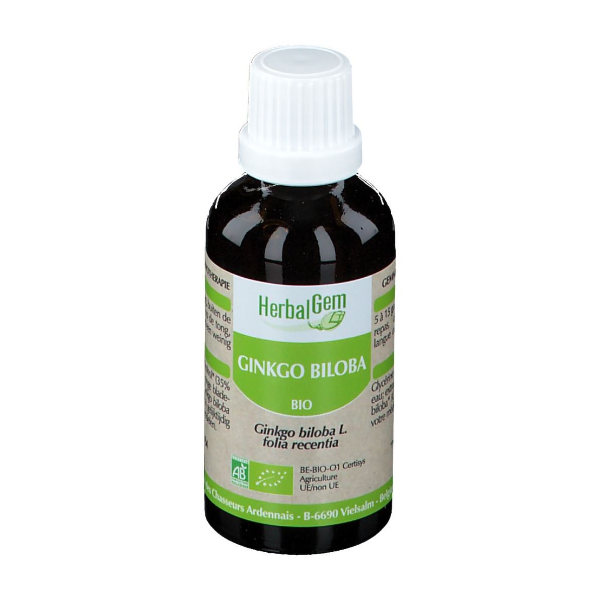 Flacon en verre brun avec bouchon blanc. Étiquette "HerbalGem GINKGO BILOBA Bio". Certification AB-Bio.