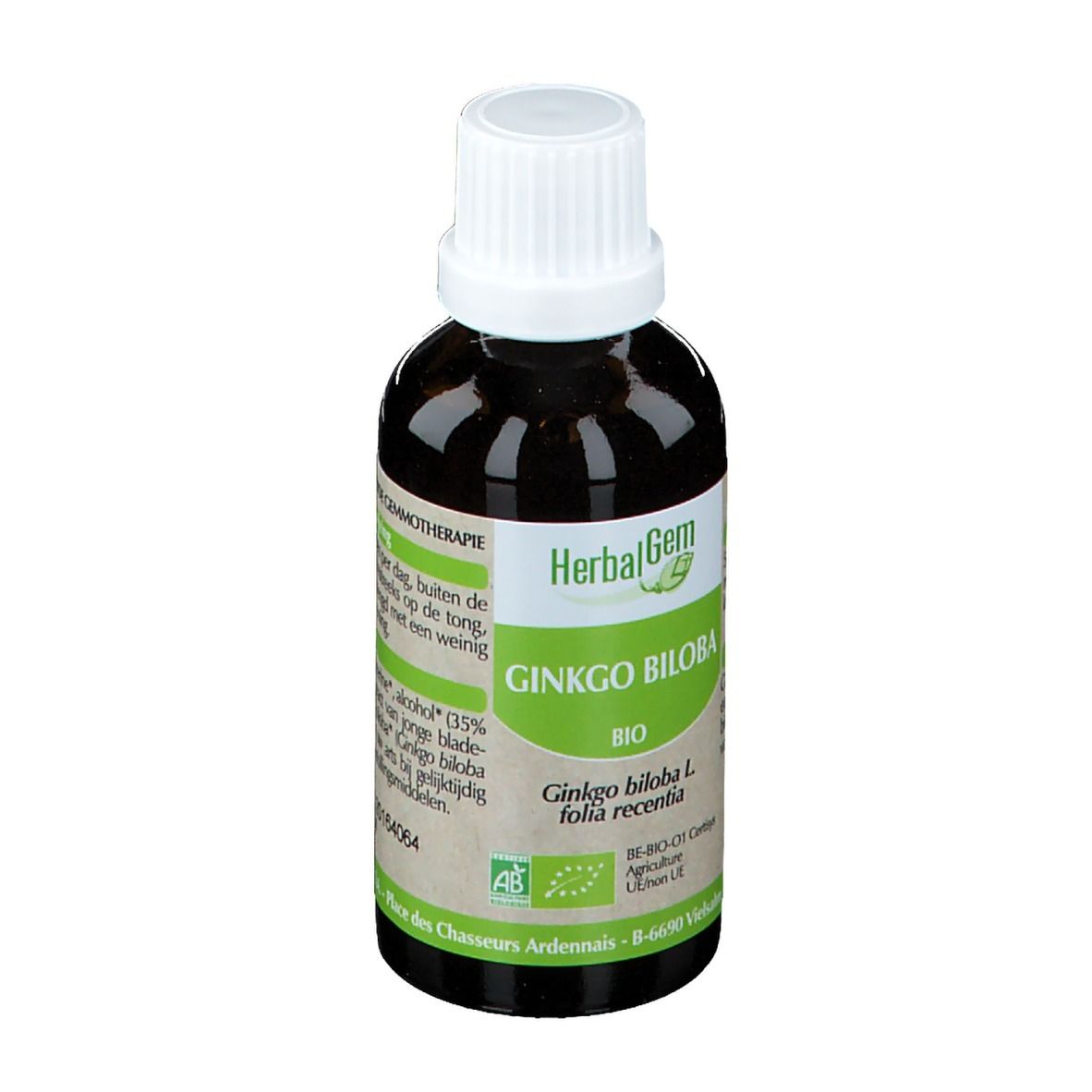 Flacon en verre brun avec bouchon blanc. Étiquette "HerbalGem GINKGO BILOBA Bio". Certification AB-Bio.