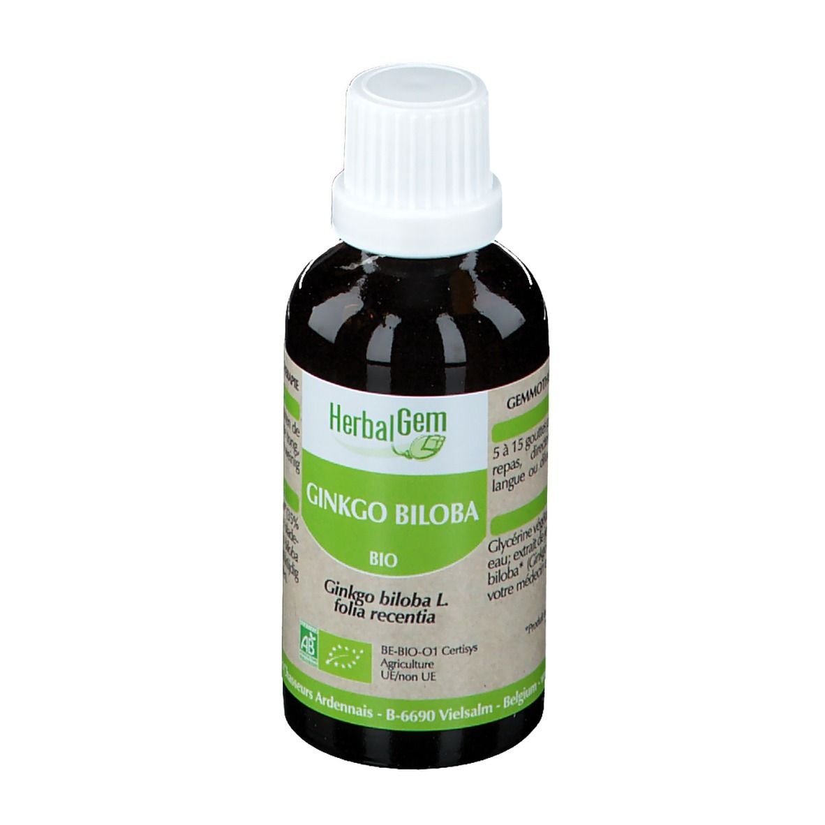 Flacon en verre brun avec bouchon blanc. Étiquette "HerbalGem GINKGO BILOBA Bio". Texte sur l'utilisation.