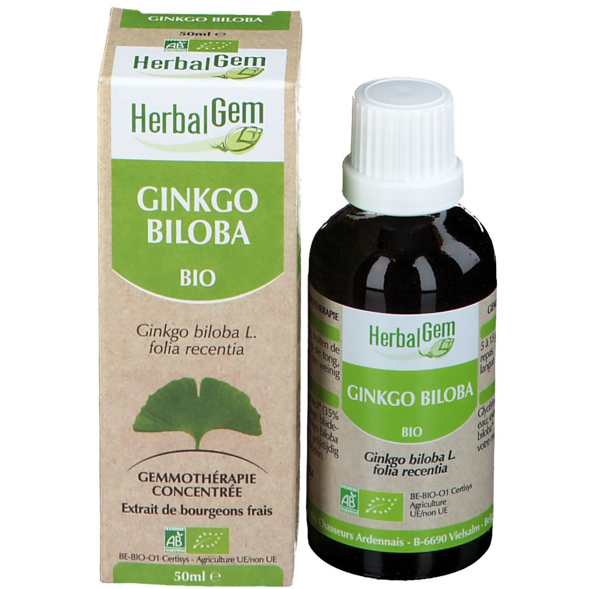 Emballage du produit avec flacon. Boîte avec "HerbalGem GINKGO BILOBA Bio". Flacon avec bouchon blanc.