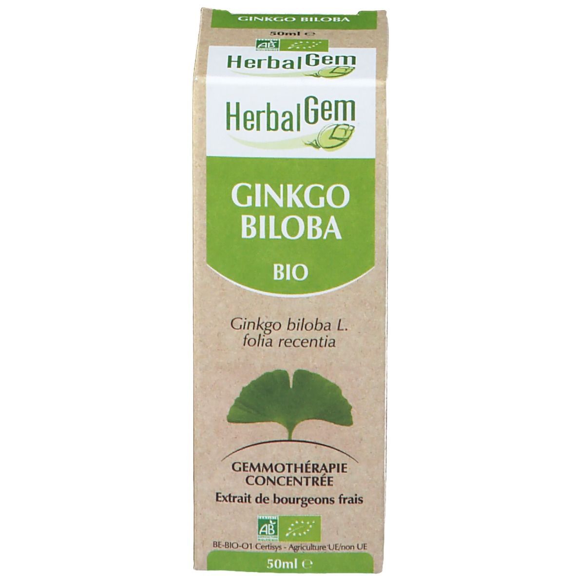 Emballage du produit. Boîte avec "HerbalGem GINKGO BILOBA Bio". Logo et certification AB-Bio.