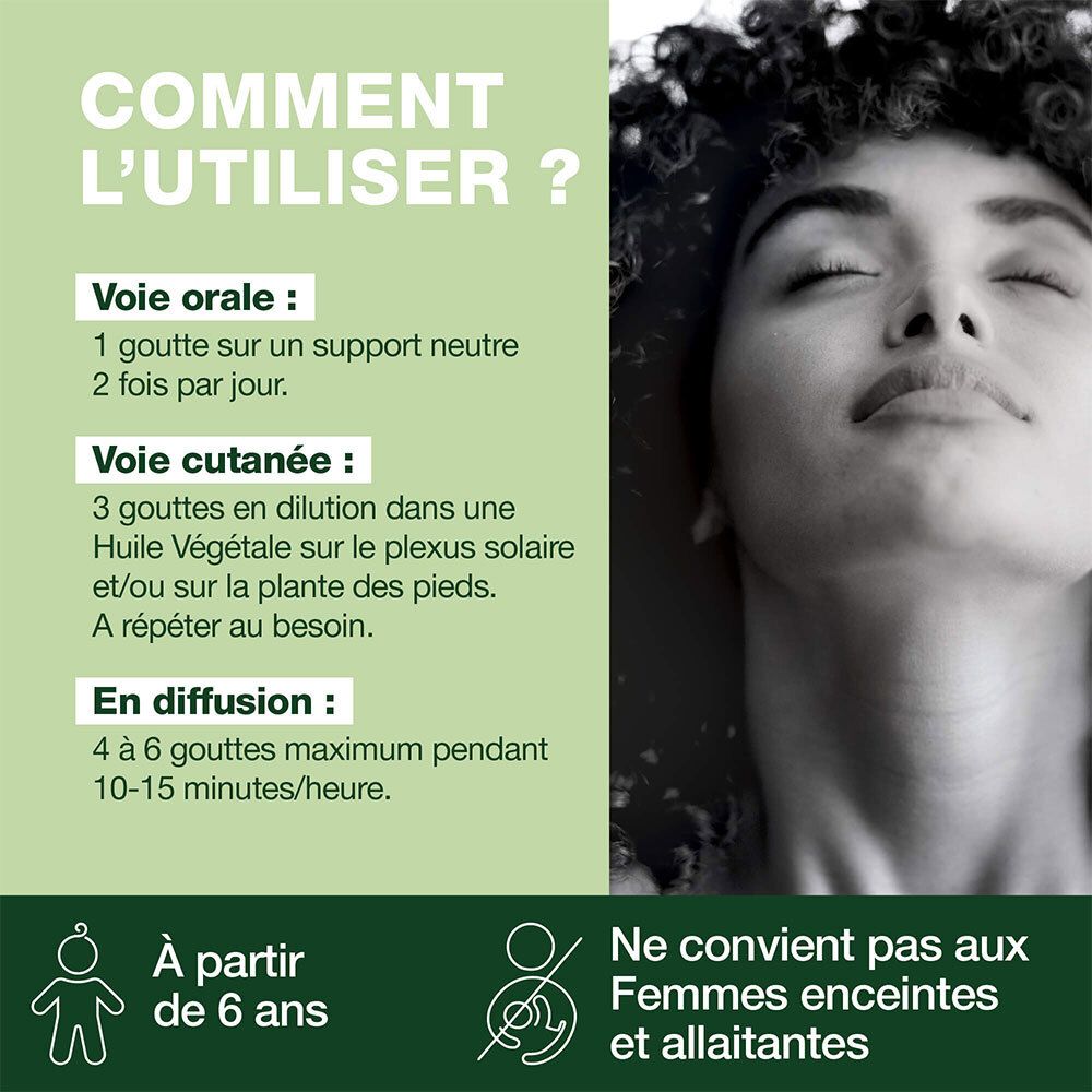 Conseils d'utilisation des huiles essentielles. Voie orale, cutanée et diffusion. Non adapté aux femmes enceintes et enfants -6 ans.