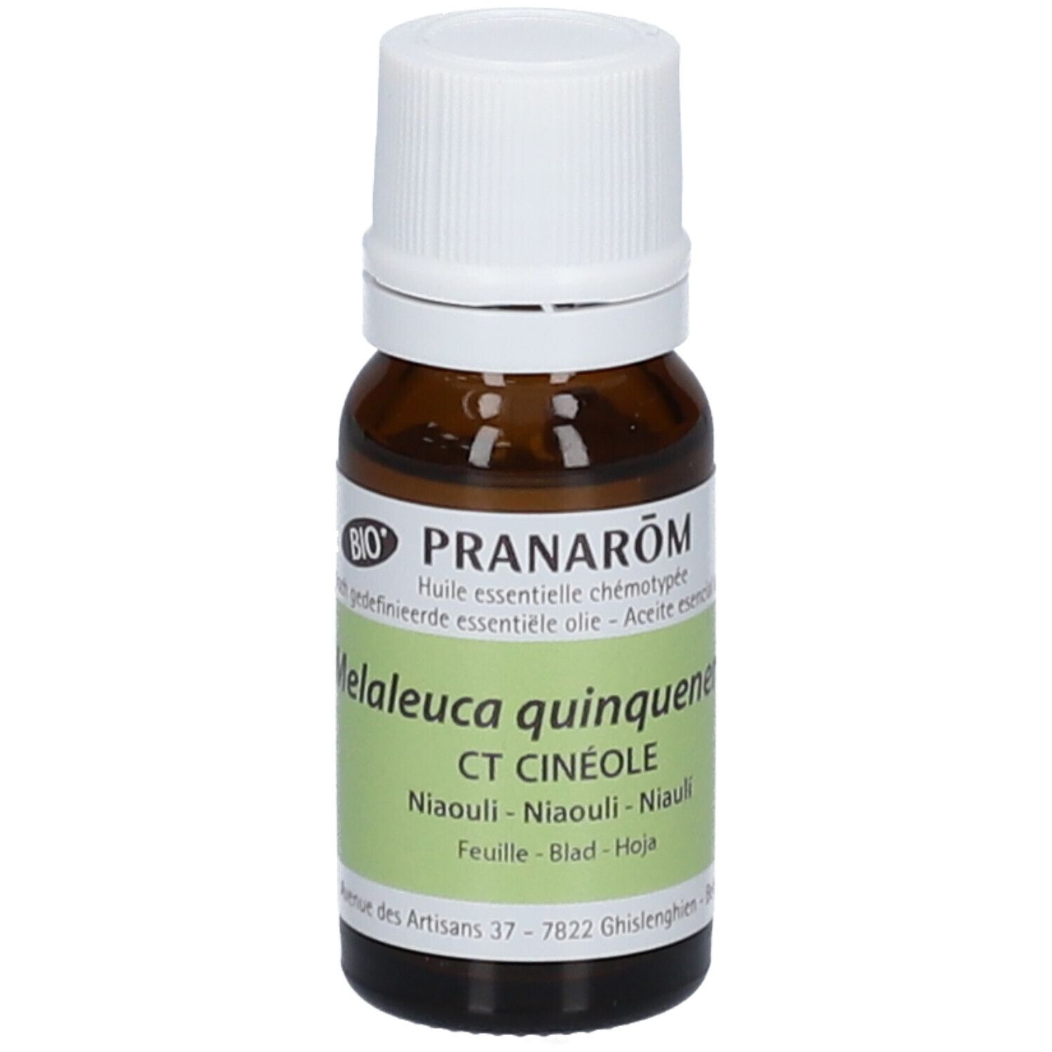 Flacon en verre brun avec bouchon blanc. Étiquette verte: Melaleuca quinquenervia CT CINÉOLE. Certification Bio.