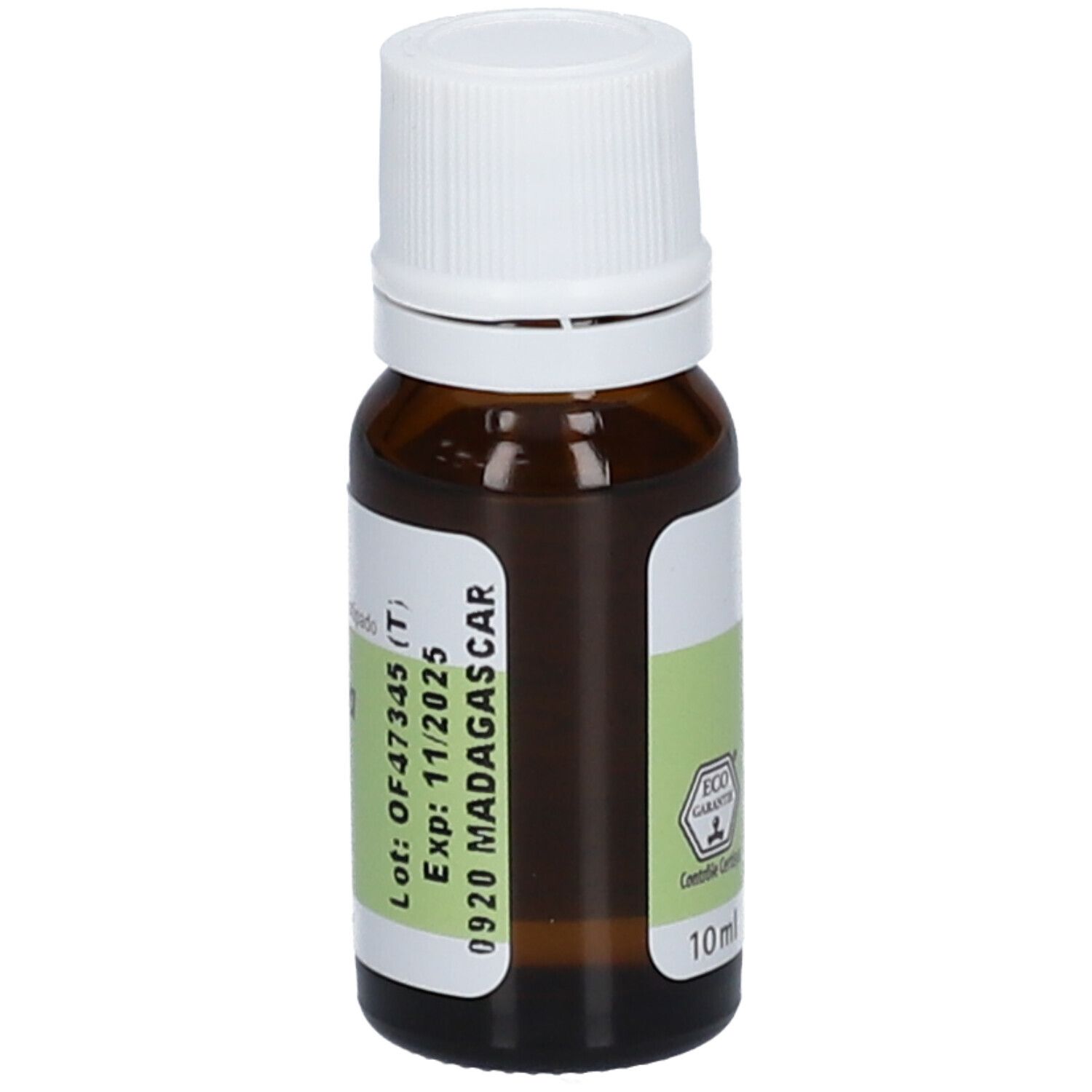 Flacon en verre brun avec bouchon blanc. Étiquette verte. Numéro de lot et date d'expiration: 11/2025. 10 ml.