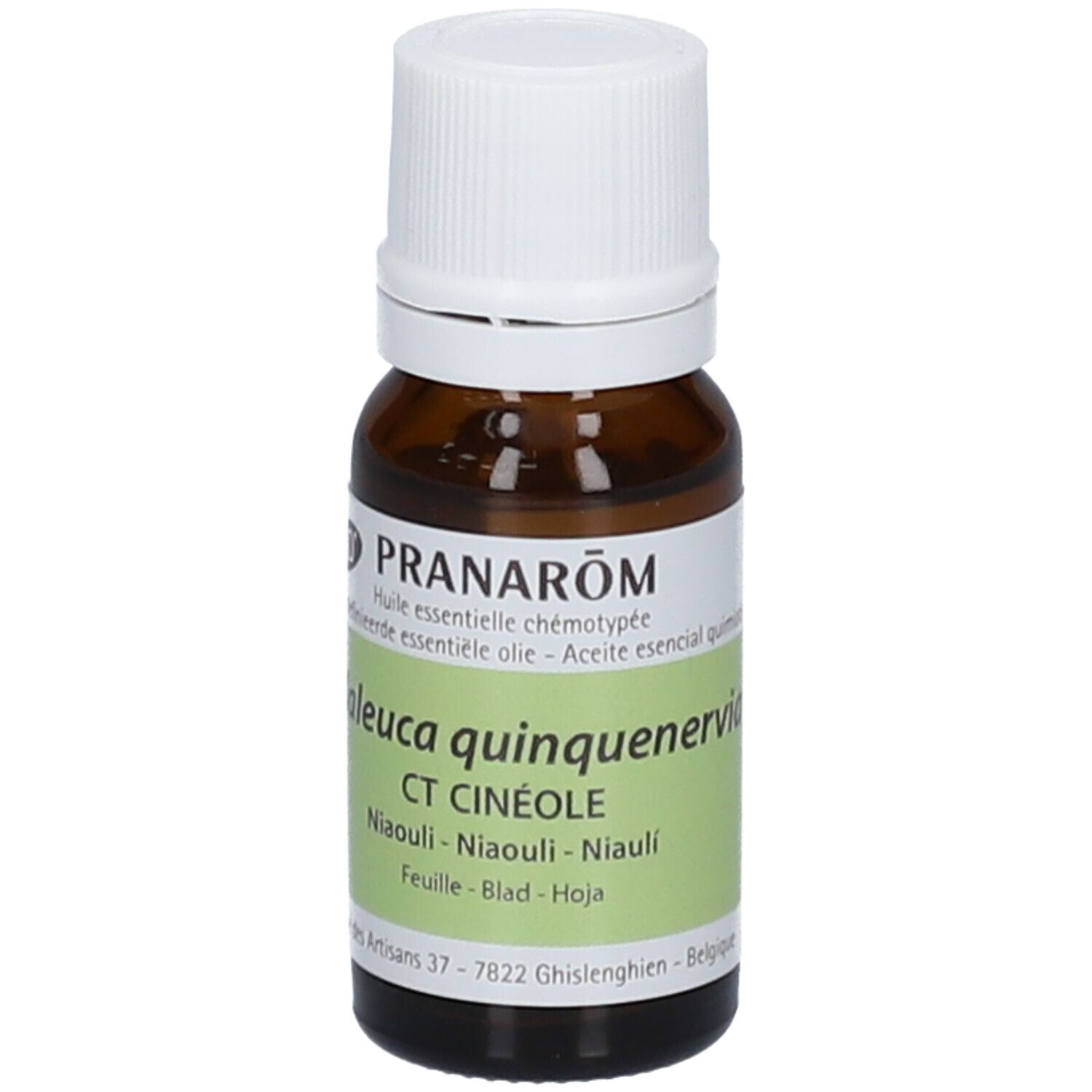 Flacon en verre brun avec bouchon blanc. Étiquette verte: Melaleuca quinquenervia CT CINÉOLE.
