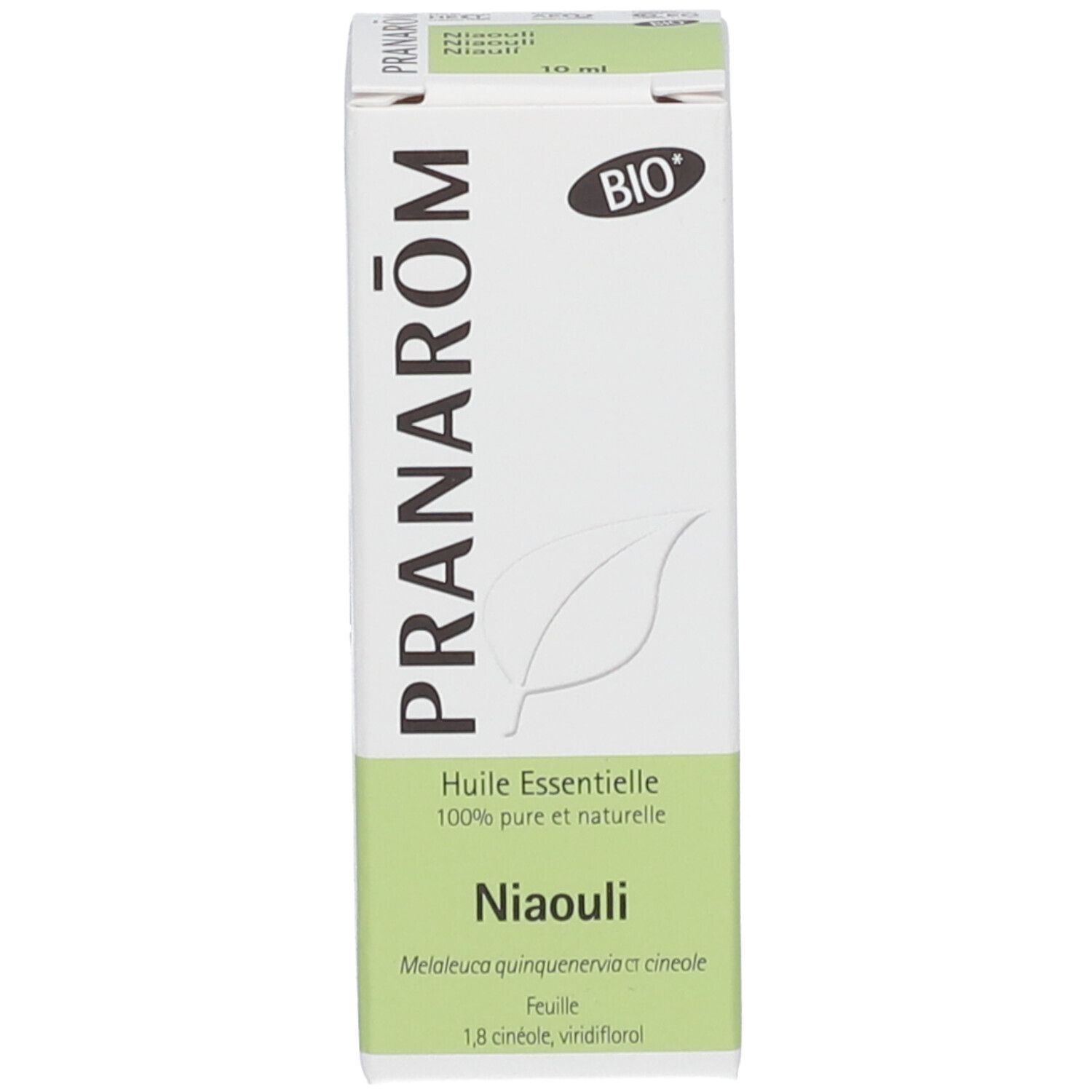 Boîte blanche avec texte vert: PRANAROM, Niaouli. Illustration de feuille. Huiles essentielles 100% pures et naturelles.