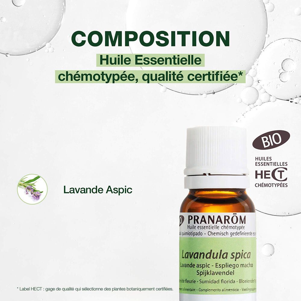 Composition : huile essentielle Lavande aspic. Certification BIO. Label qualité HECT.