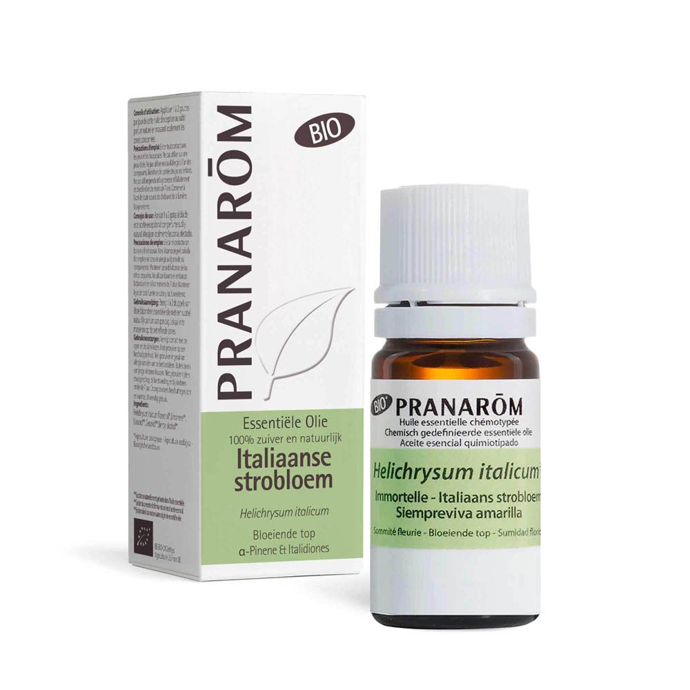 Emballage du produit avec flacon. Boîte avec logo PRANAROM et logo bio. Inscription: Huile Essentielle, Immortelle.