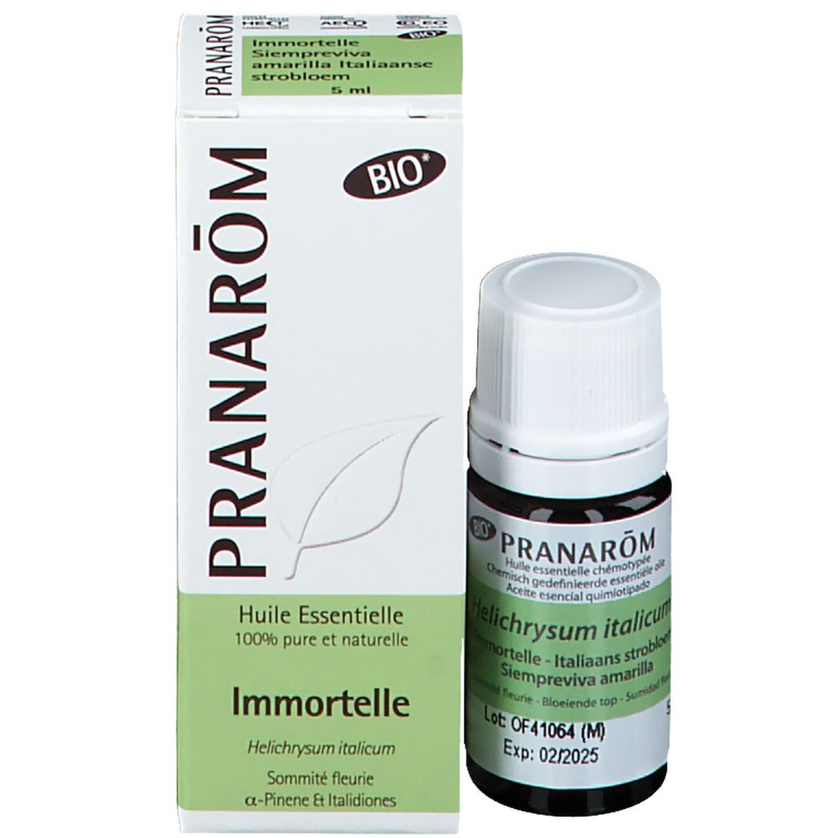 Flacon et emballage. Flacon en verre brun avec bouchon blanc. Emballage avec marque PRANAROM et nom du produit.