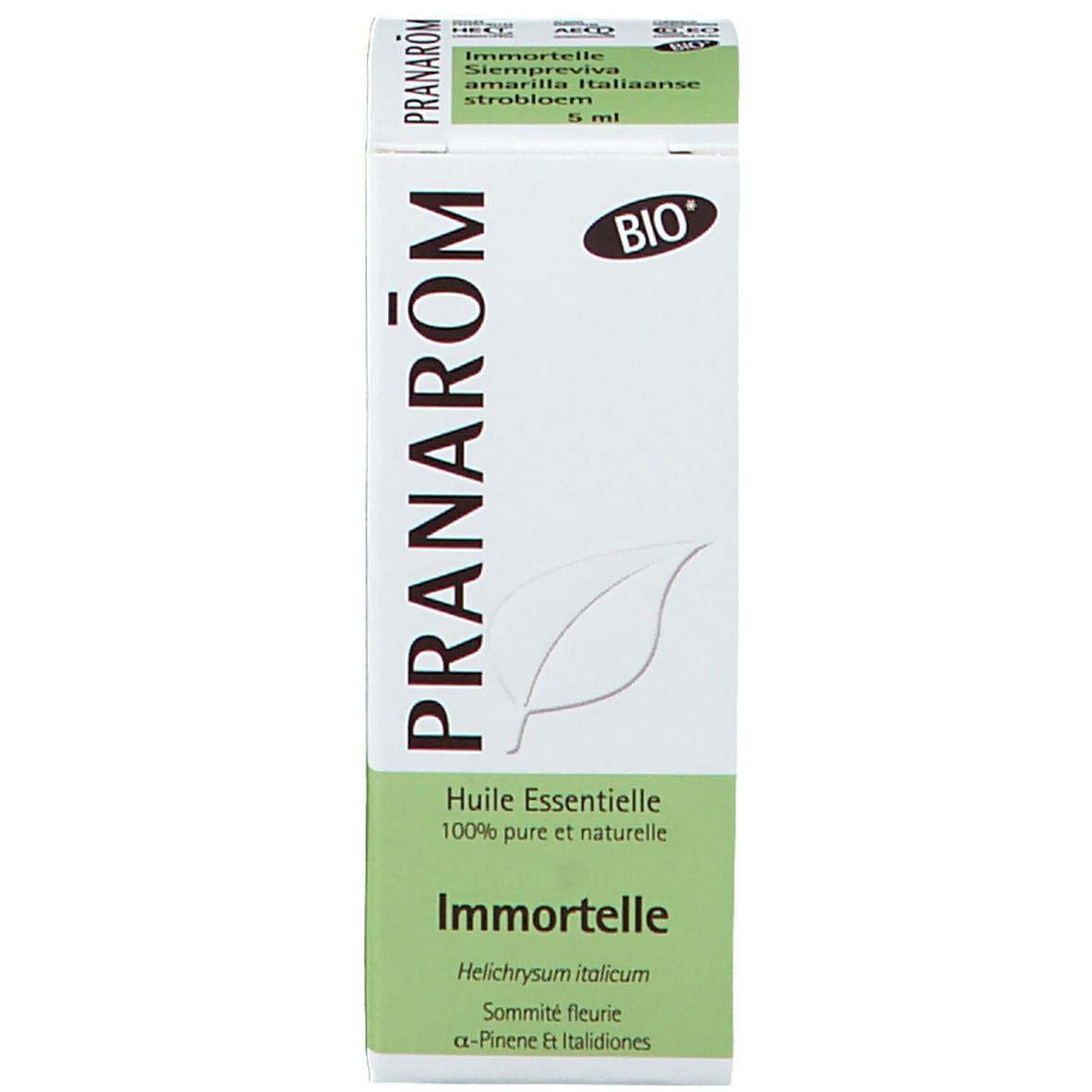 Emballage. Marque PRANAROM. Nom du produit et certification Bio. 5 ml.