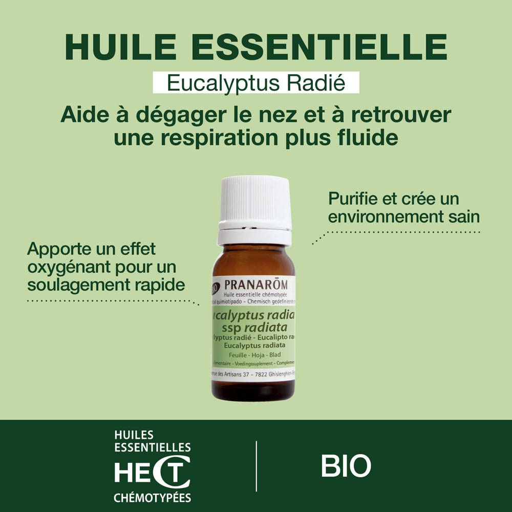 Visuel promotionnel. Flacon avec informations produit. Marque : PRANAROM. Eucalyptus radiata. Bio.