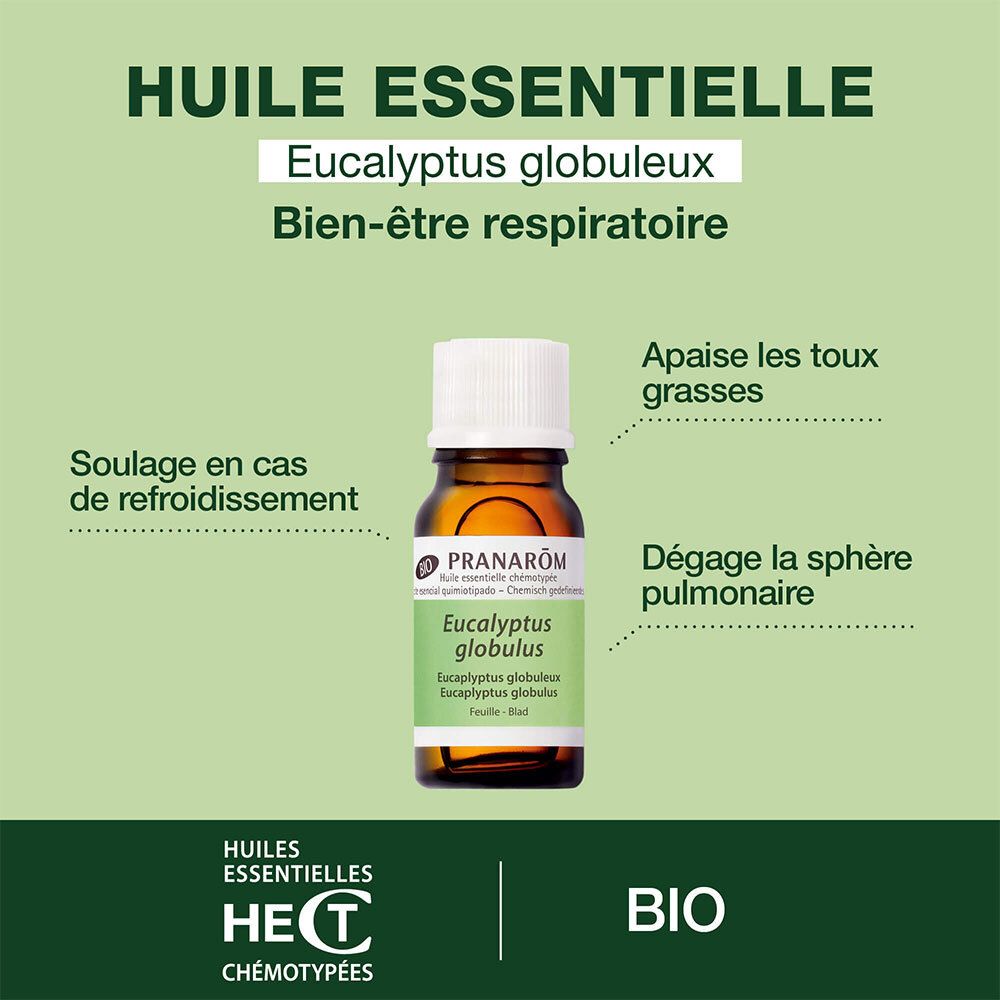 Flacon d'huile essentielle PRANAROM Eucalyptus globuleux. Texte: Bien-être respiratoire, BIO.