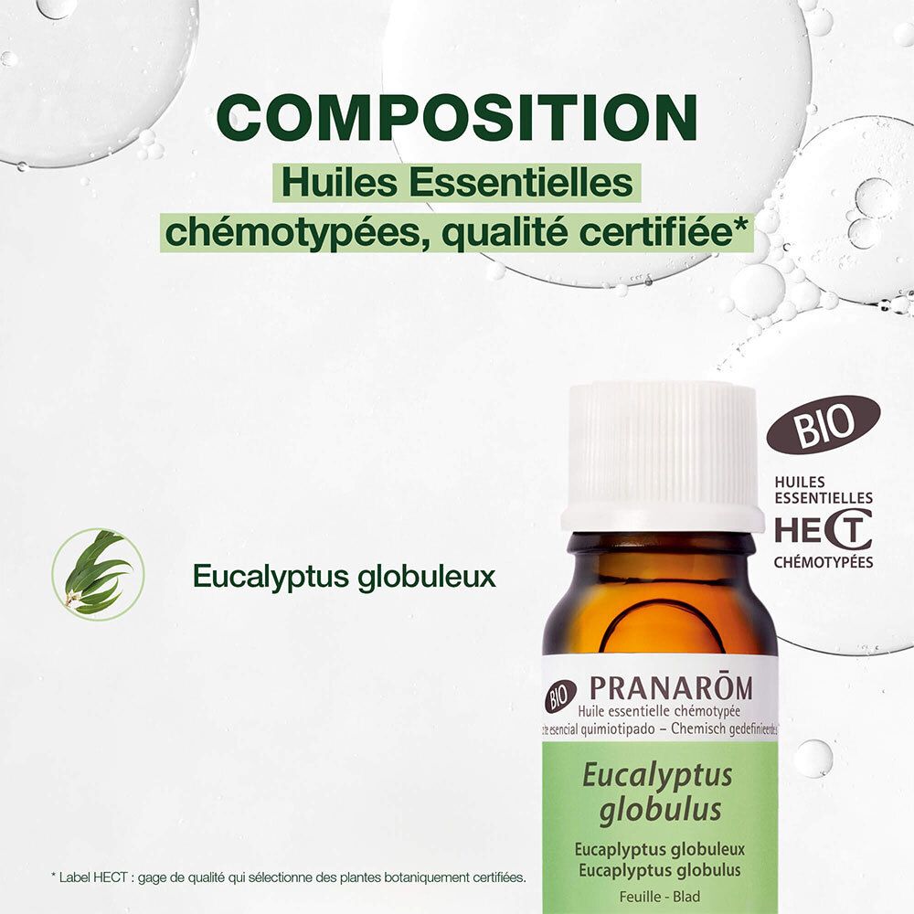 Flacon d'huile essentielle PRANAROM Eucalyptus globuleux. Texte: Huiles essentielles chémotypées, BIO.