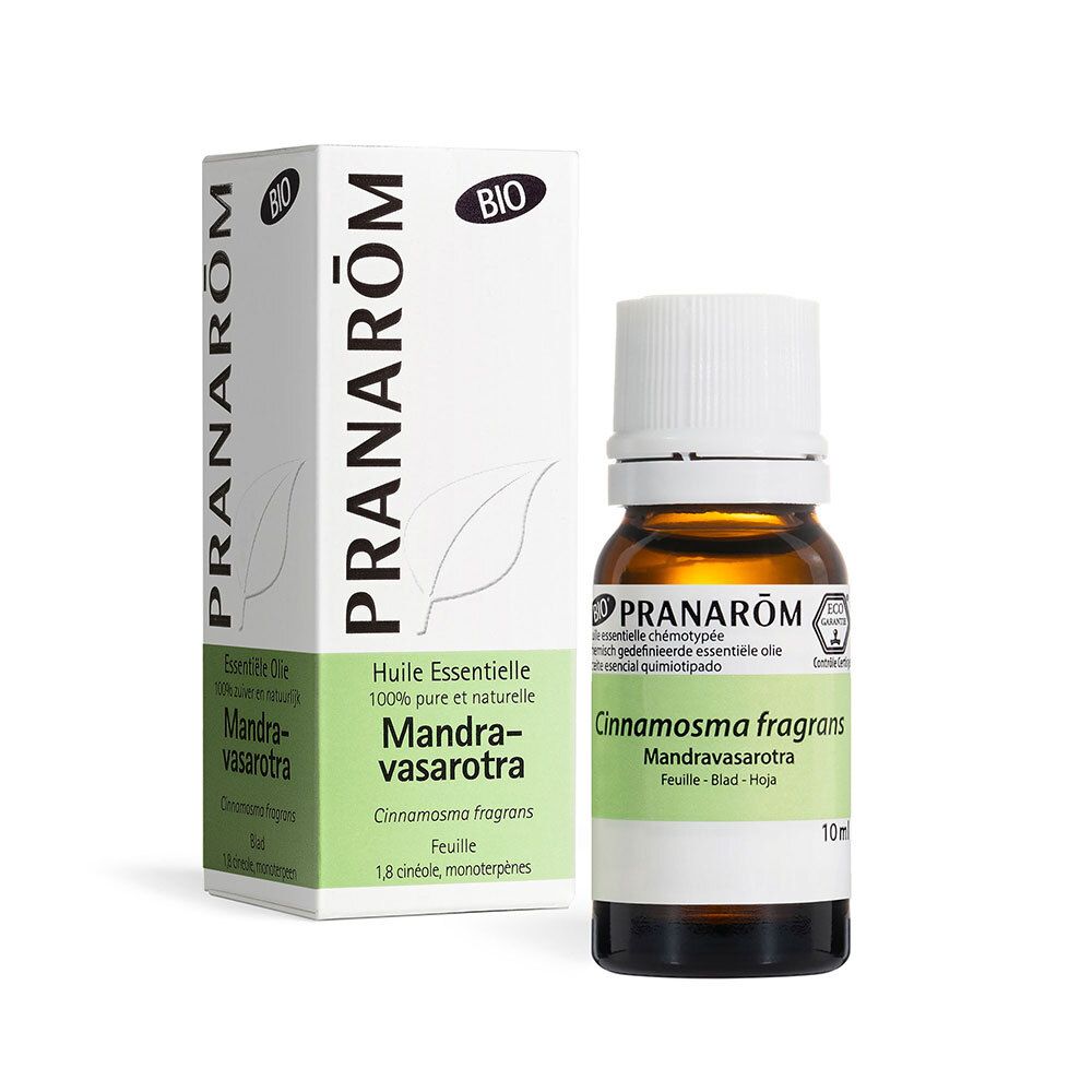 Flacon et boîte d'huile essentielle PRANAROM BIO Mandravasarotra, 10 ml.