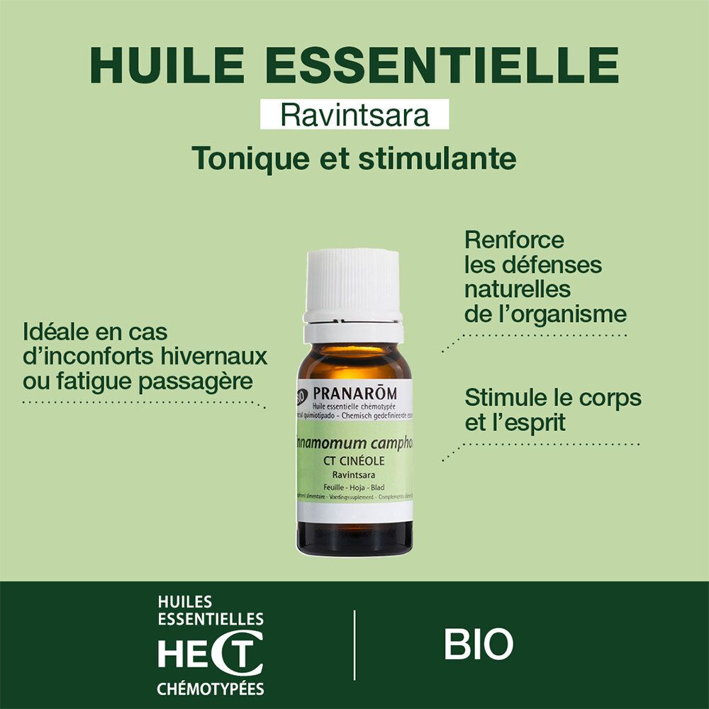 Fond vert avec flacon. Texte: Huile Essentielle, Ravintsara, Tonique et stimulante.