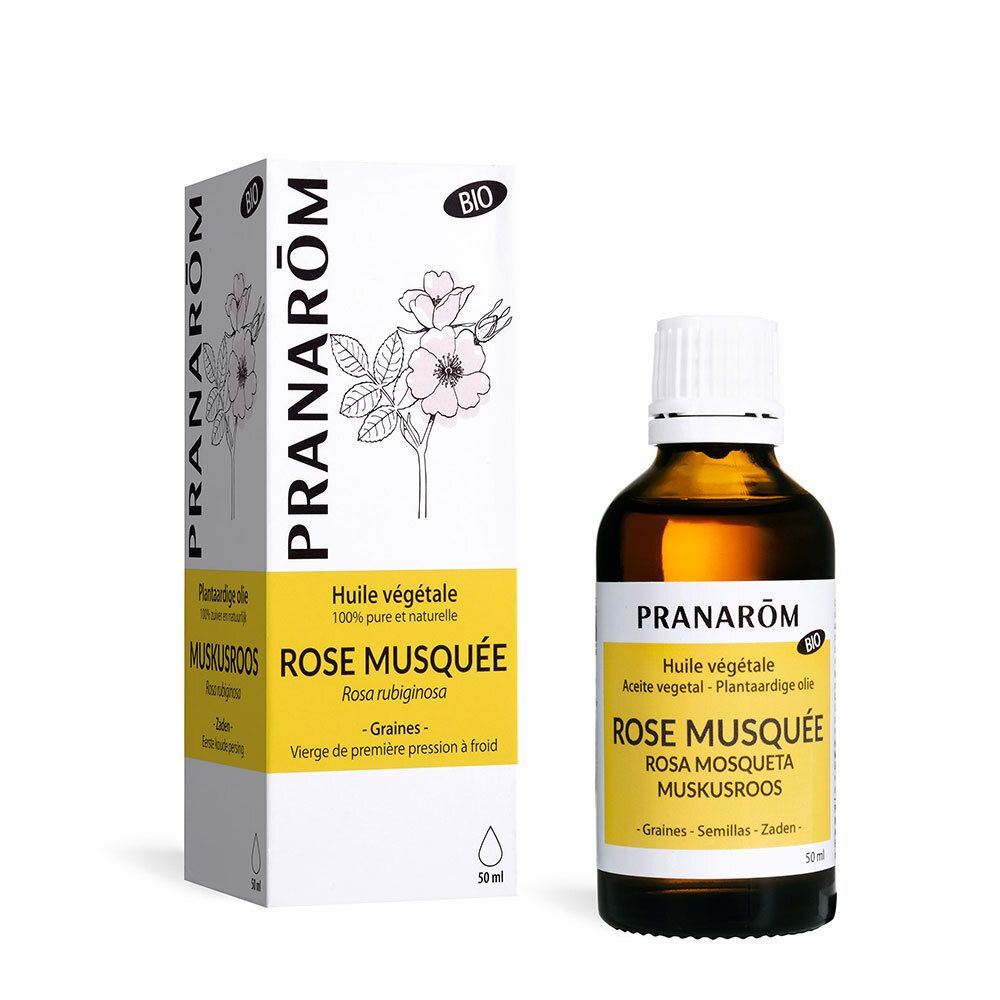 Flacon et emballage Pranarôm. Huile de Rose Musquée. 50 ml. Certification Bio.