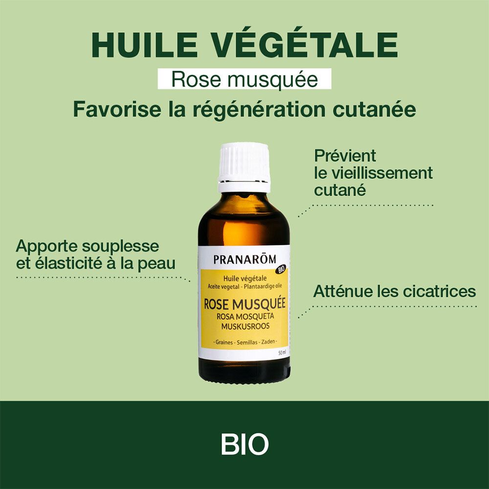 Huile de Rose Musquée Pranarôm. Favorise la régénération cutanée. Certification Bio.
