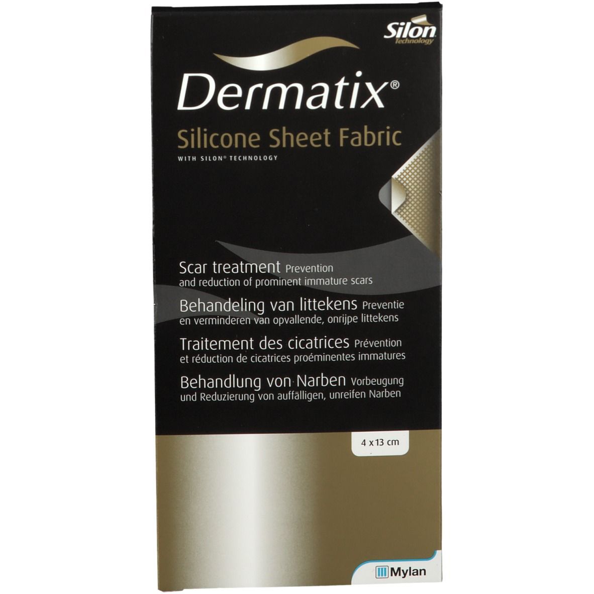 Emballage Dermatix Silicone Sheet Fabric. Boîte noire avec nom du produit et texte multilingue. Dimensions : 4 x 13 cm.
