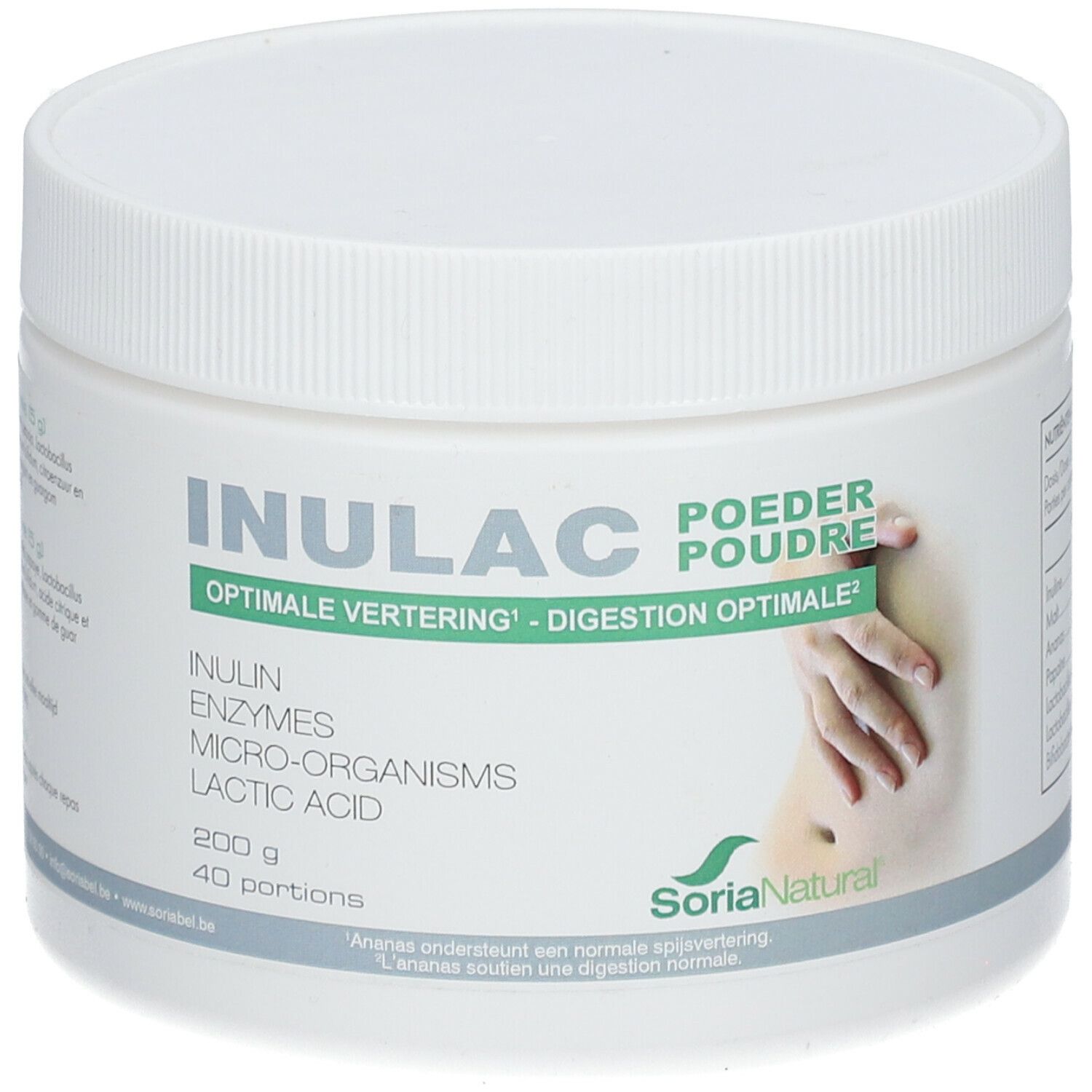 Pot blanc avec couvercle. Inscription: INULAC, POEDER POUDRE. Contient inuline, enzymes, micro-organismes, acide lactique. Marque: Soria Natural.