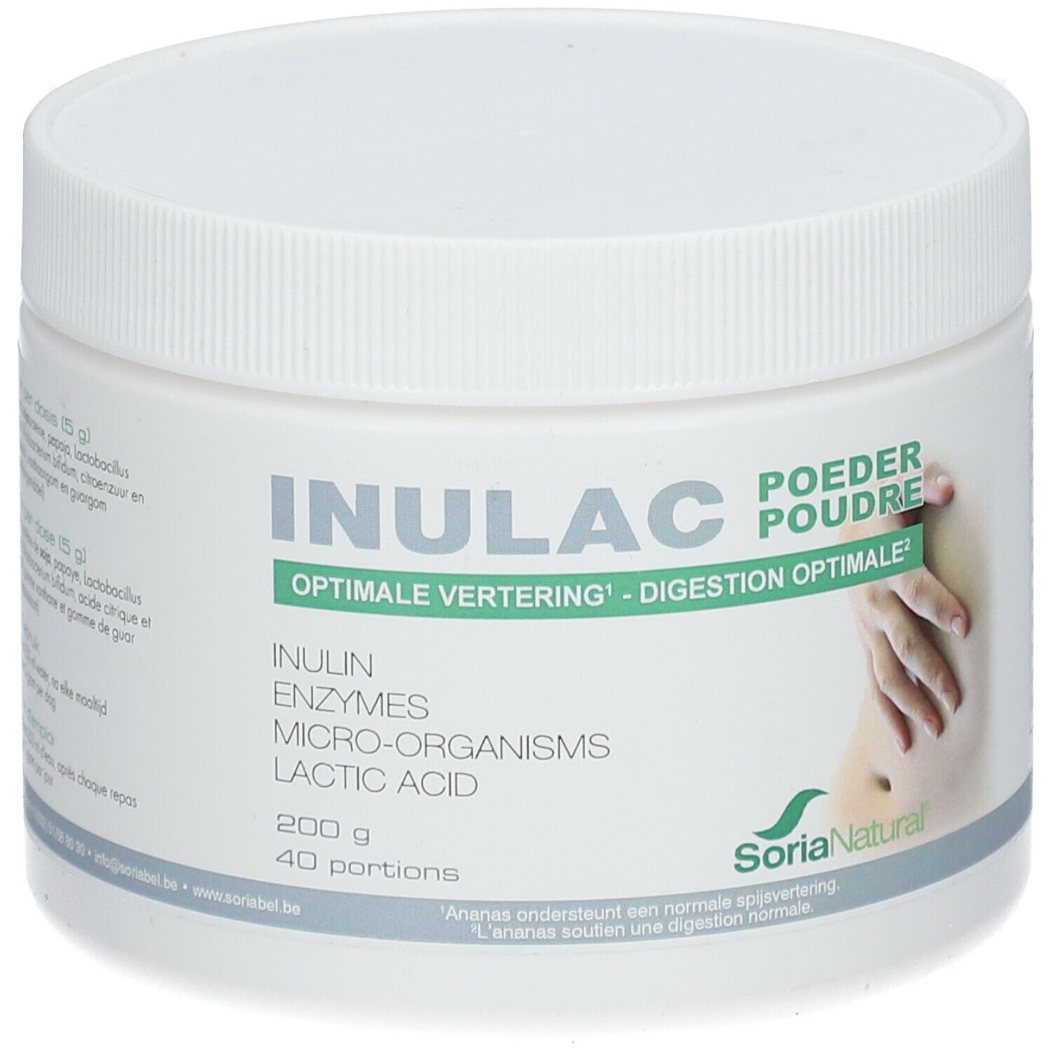 Pot blanc avec couvercle. Inscription: INULAC, POEDER POUDRE. Contient inuline, enzymes, micro-organismes, acide lactique. Marque: Soria Natural.