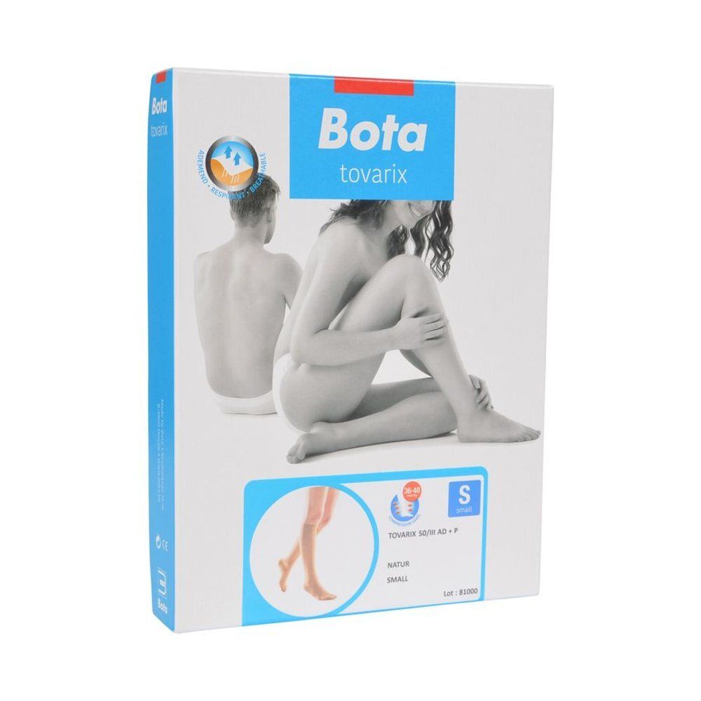 Emballage Bota tovarix. Inscription : Bota tovarix, taille S, Naturel. Image d'une femme et d'un homme.