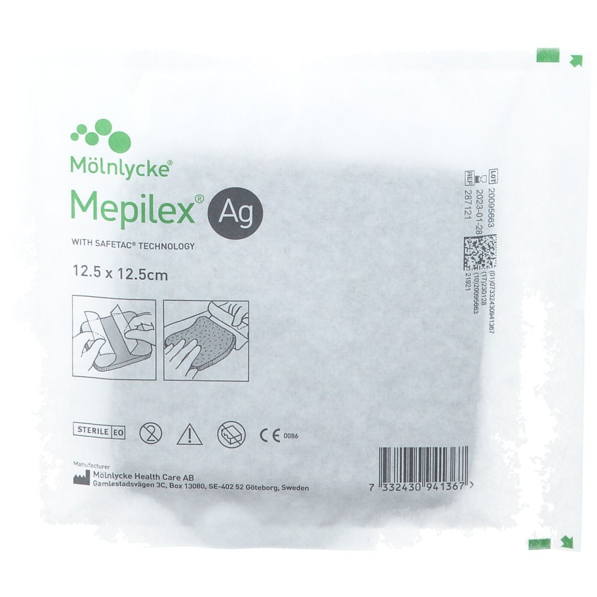 Emballage Mepilex® Ag 12,5 x 12,5 cm. Stérile. Technologie Safetac. Fabricant : Mölnlycke Health Care AB.