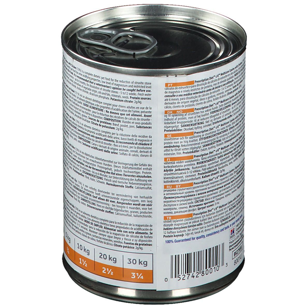 Boîte de nourriture pour chiens avec texte. Inscription : Prescription Diet c/d Multicare Canine. Informations sur l'alimentation pour différentes tailles de chiens.