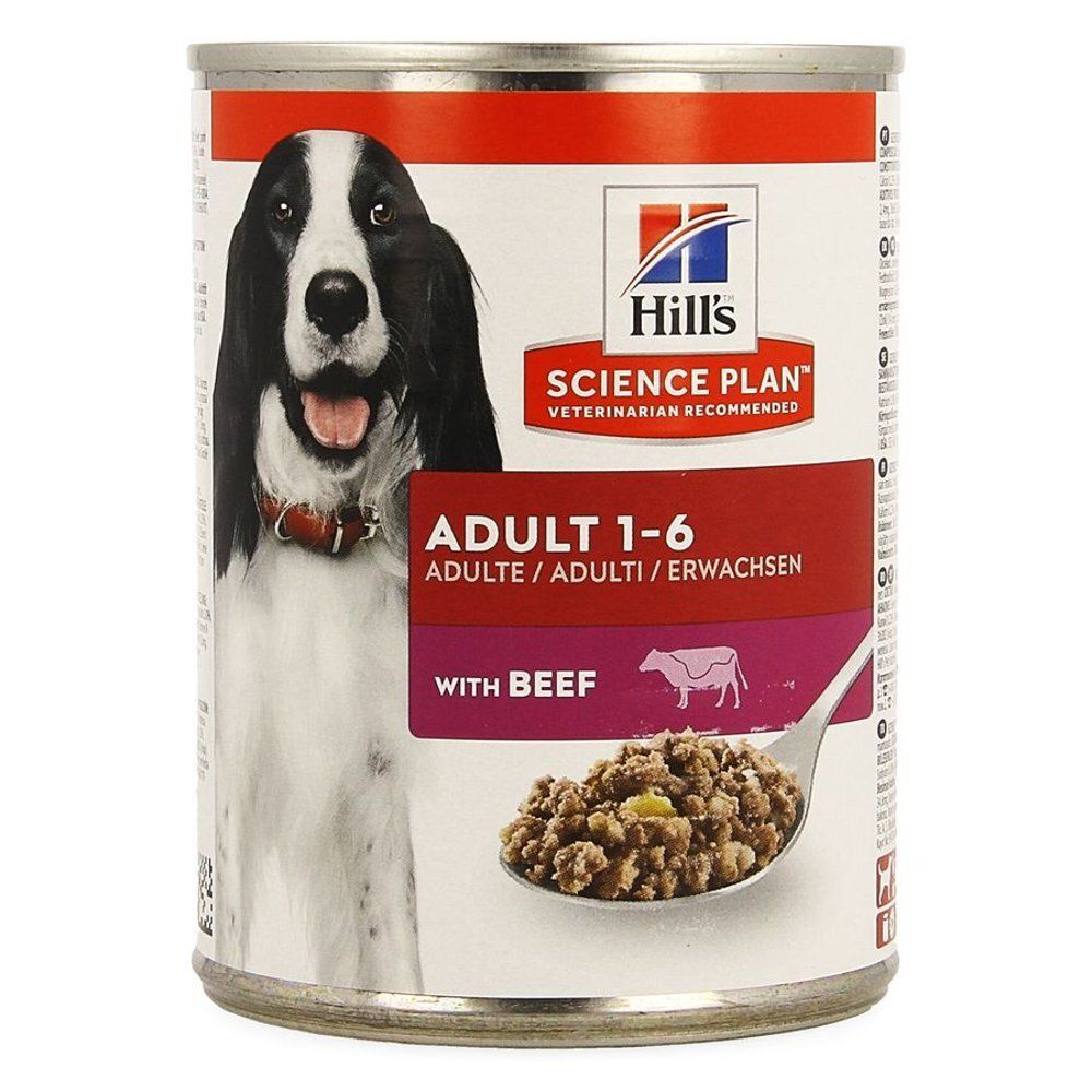 Boîte de nourriture humide pour chiens au bœuf pour adultes, avec informations sur les ingrédients et le dosage.
