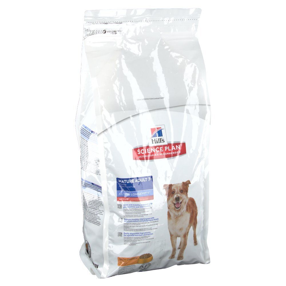 Sac de nourriture pour chiens avec impression. Inscription : Hill's Science Plan. Un chien est représenté. Nom du produit : Mature Adult 7+.