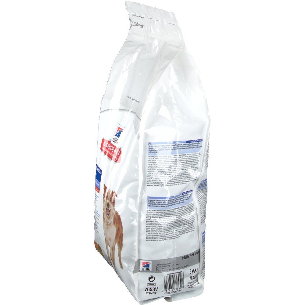 Sac de nourriture pour chiens, vue latérale. Inscription : Hill's Science Plan. Un chien est représenté. Nom du produit : Mature Adult 7+.