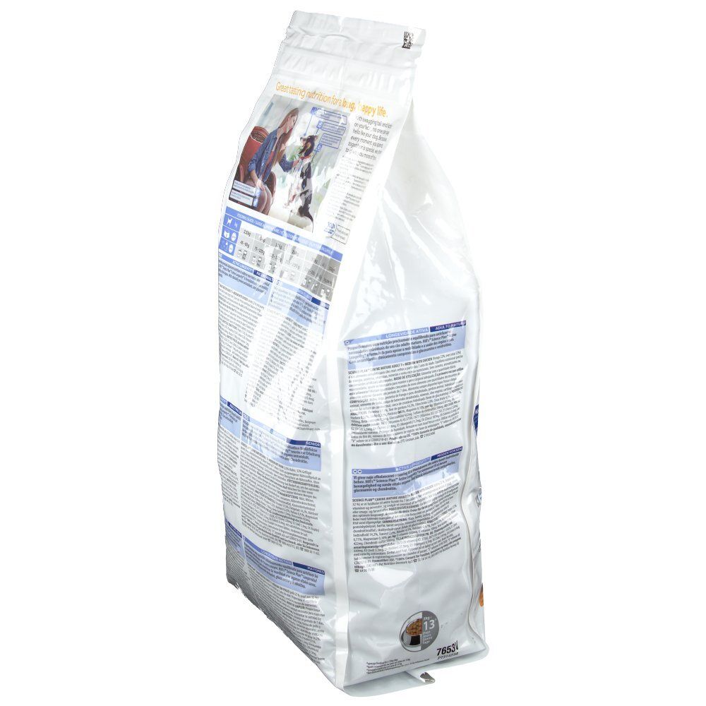 Sac de nourriture pour chiens, vue arrière latérale. Inscription : Hill's Science Plan. Texte et illustrations. Nom du produit : Mature Adult 7+.