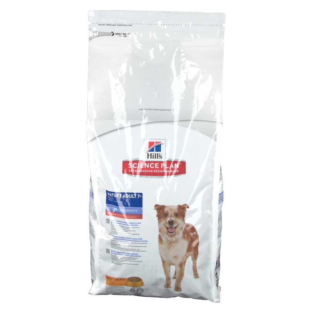 Sac de nourriture pour chiens avec impression. Inscription : Hill's Science Plan. Un chien est représenté. Nom du produit : Mature Adult 7+.