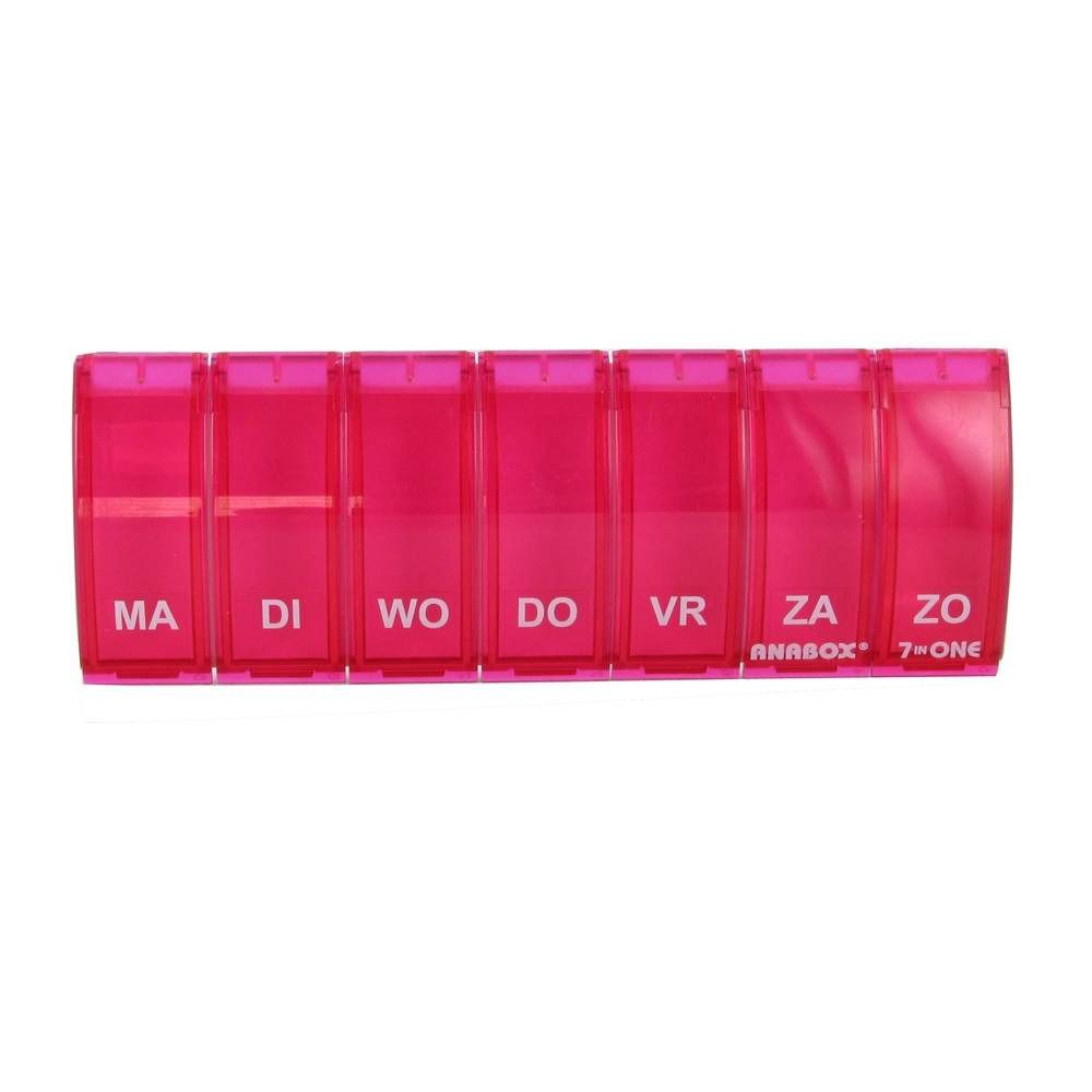 Pilulier rose à sept compartiments, étiquetés avec les jours de la semaine. "ANABOX" et "7-ONE" sont visibles.