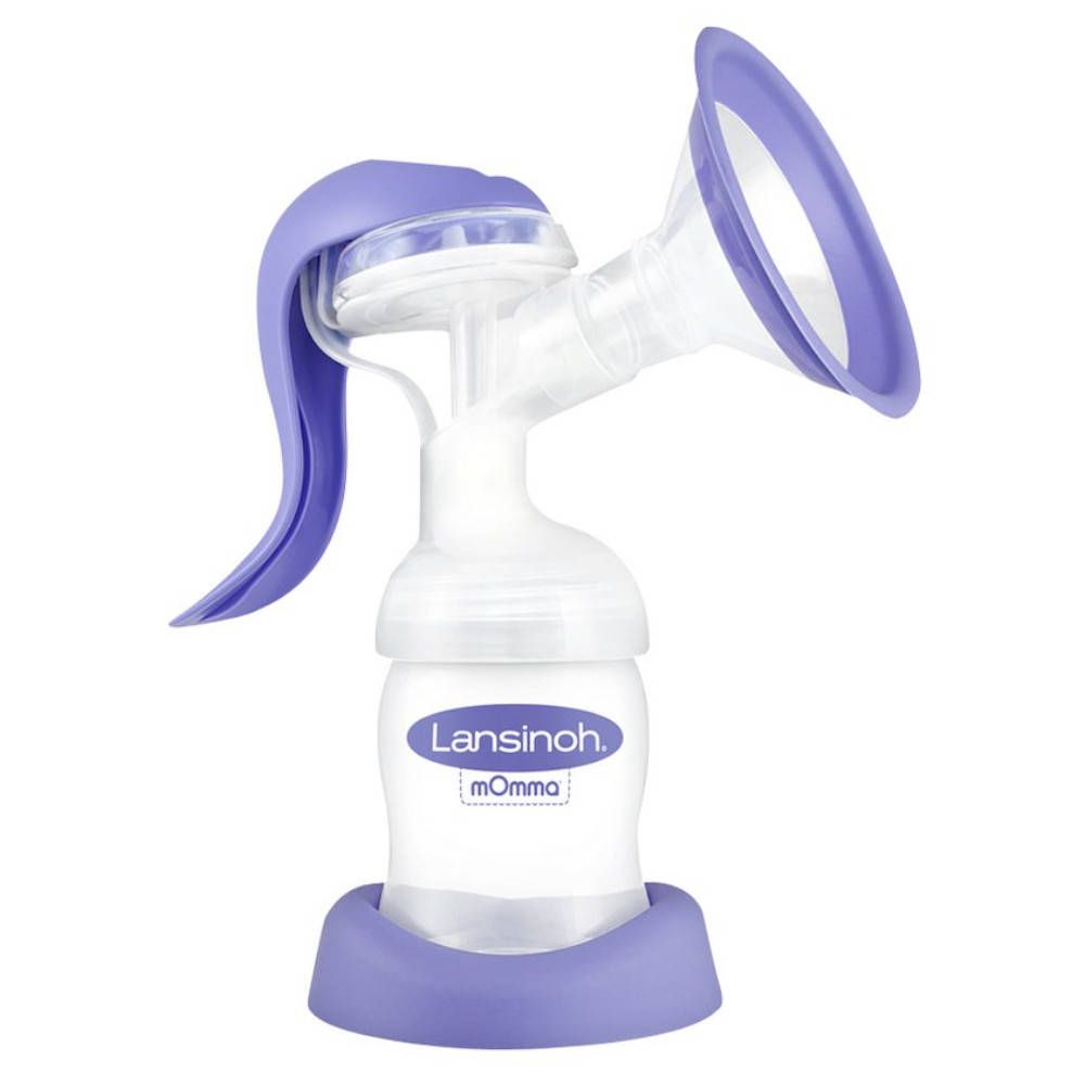 Tire-lait manuel avec accents violets. Comprend une bouteille, un entonnoir, une poignée et une base. Marque : Lansinoh.