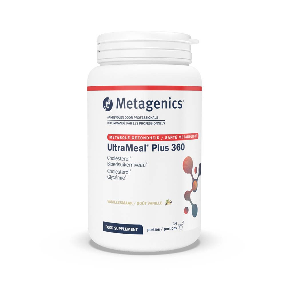 Pot blanc UltraMeal Plus 360. Logo Metagenics. Goût vanille. 14 portions, 728g. Informations sur le cholestérol, la glycémie.