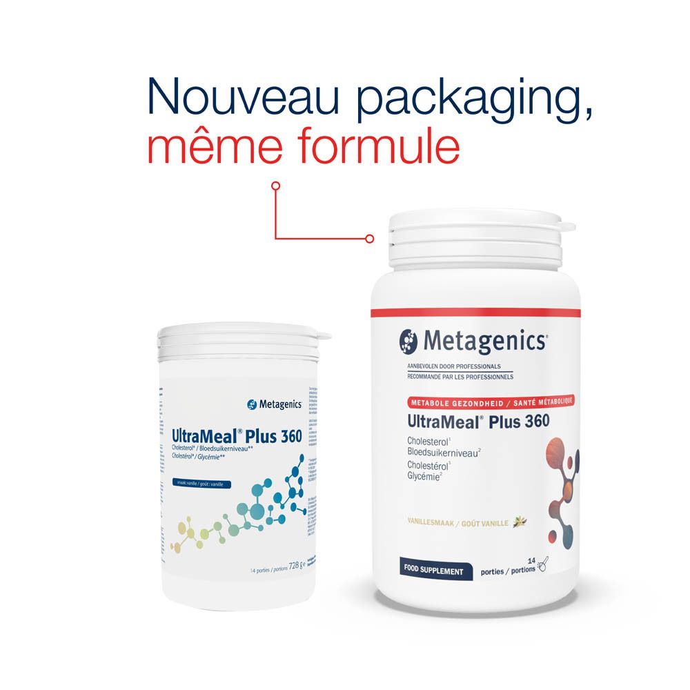 Pot blanc UltraMeal Plus 360. Logo Metagenics. Goût vanille. 14 portions, 728g. Informations sur le cholestérol, la glycémie.